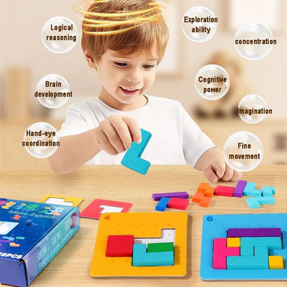 Kids' educational wooden tangram puzzle with geometric shapes, promoting creative play.