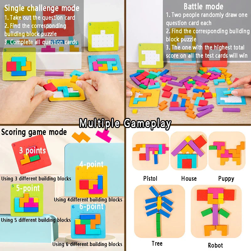 Close-up of a wooden tangram puzzle for children, a logic game for family fun.