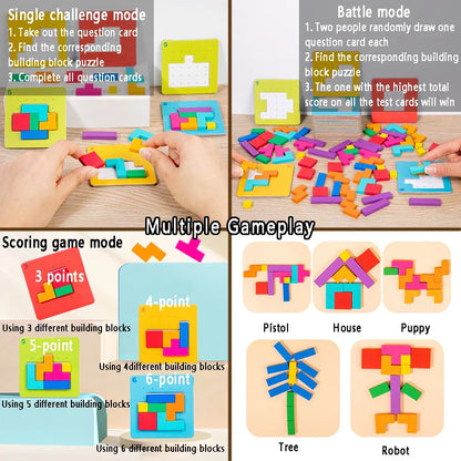 Close-up of a wooden tangram puzzle for children, a logic game for family fun.