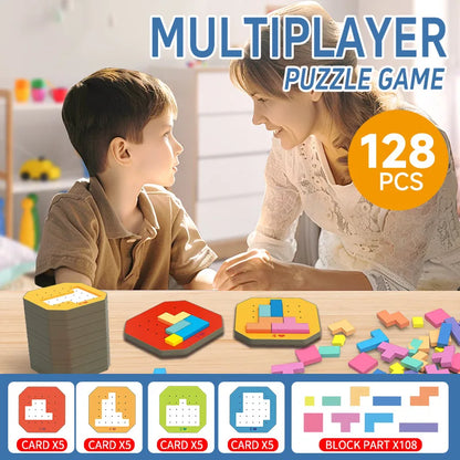 Tangram puzzle set made of natural wood, perfect for kids' brain development and learning.