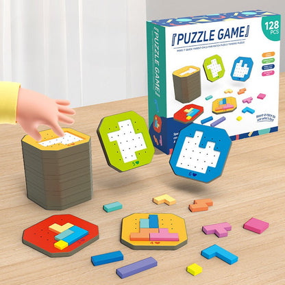 Educational wooden tangram game, colorful shapes for creative play and family fun.