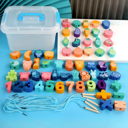 Complete kids' educational threading toy set with various shapes, colors, and strings for learning