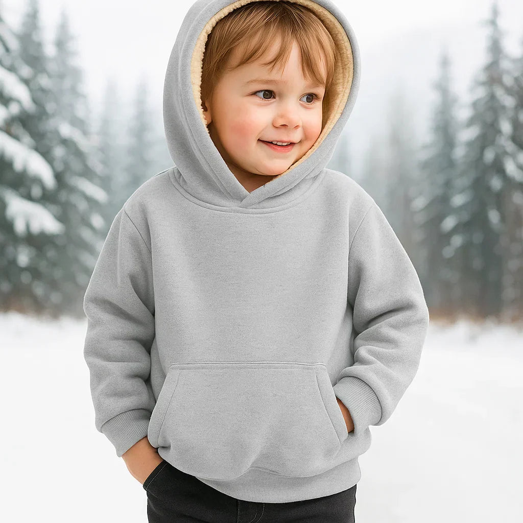 Casual grey hoodie for kids, offering a loose fit and warmth for winter fashion.