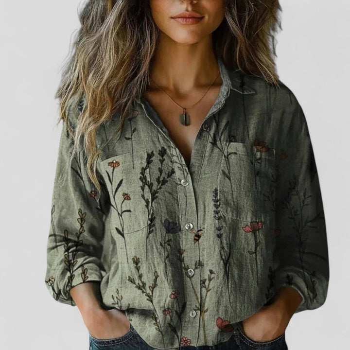 Comfortable ladies long sleeve blouse shirt. Gradient button-up for everyday style, casual wear, or office fashion.