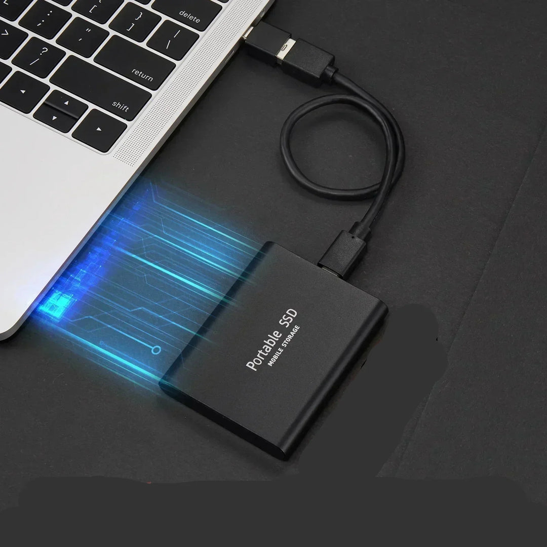 Compact 128GB portable external SSD for ultra-fast data transfer. Ideal digital storage & travel accessory with aluminum casing.