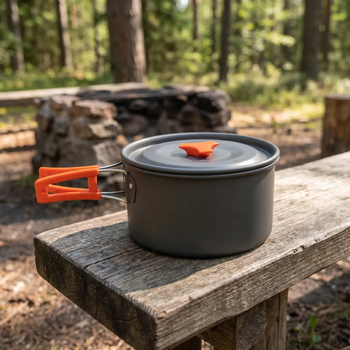 Compact camping cookware set for outdoor adventures, ideal for hiking and backpacking meals.