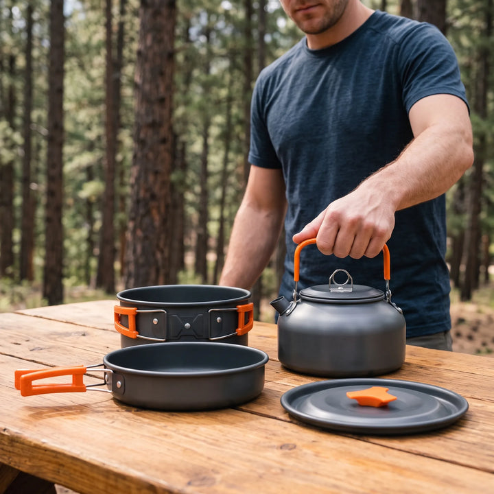 Versatile outdoor cooking set for camping, hiking, and all your outdoor adventures. Compact & lightweight.