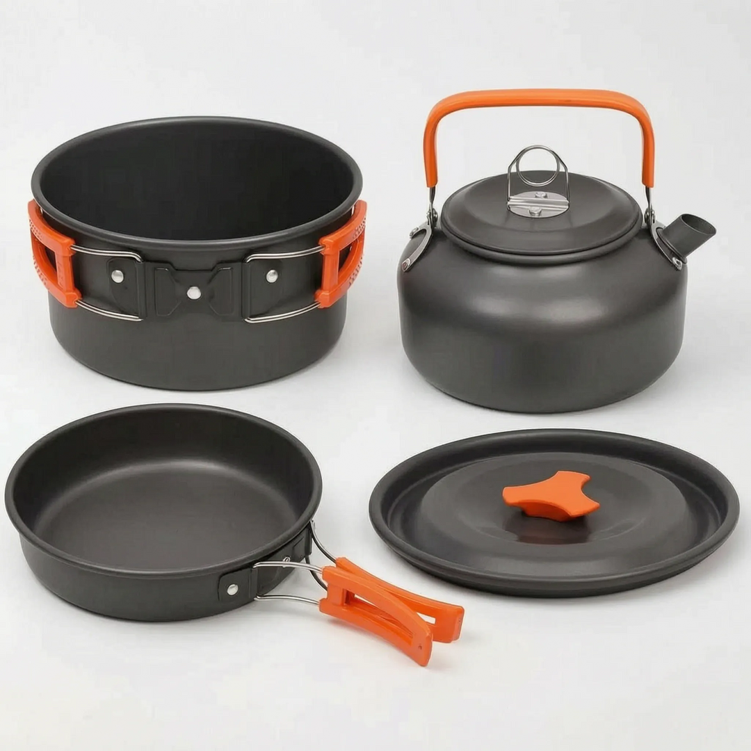 Backpacking cook set with multiple pots & pans, ideal lightweight camping cookware for outdoor adventures.