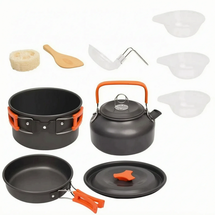 Complete compact camp kitchen set, perfect for outdoor cooking during hiking and camping trips.