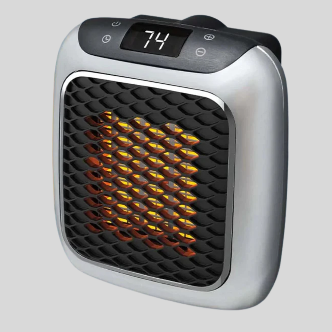 Compact ceramic personal heater with digital display, ideal for desk, home office, or winter comfort.