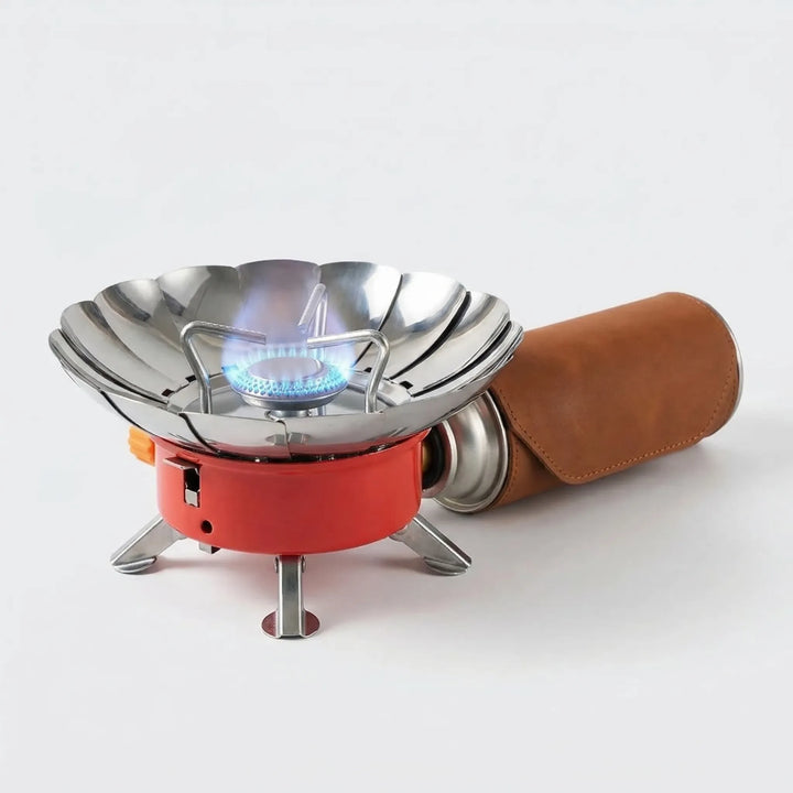 Windproof portable camping stove, compact burner for outdoor cooking, perfect for camp kitchen & travel.