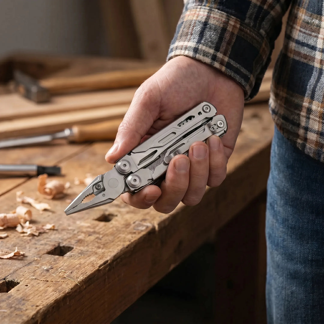 Compact folding multi-tool with pliers, screwdriver bits, & knife for everyday carry.