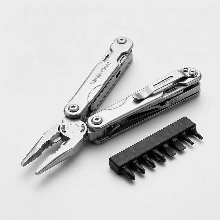 Durable multi-tool with pliers & screwdrivers, perfect for camping, hiking, & outdoor survival.