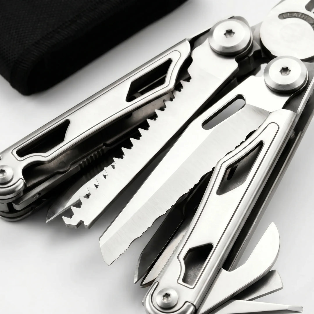 Folding utility multi-tool featuring strong pliers, various screwdriver bits, & built-in knife for repairs.