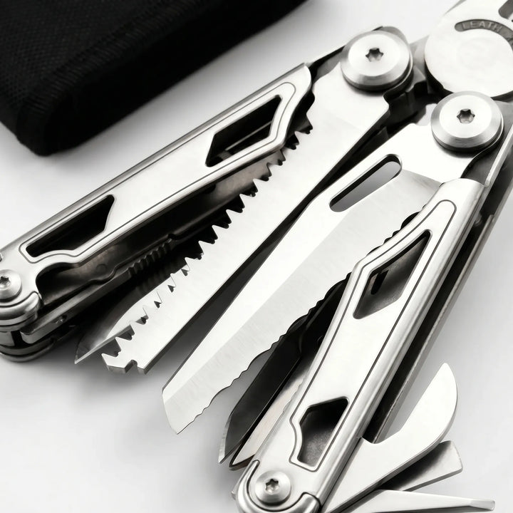 Folding utility multi-tool featuring strong pliers, various screwdriver bits, & built-in knife for repairs.
