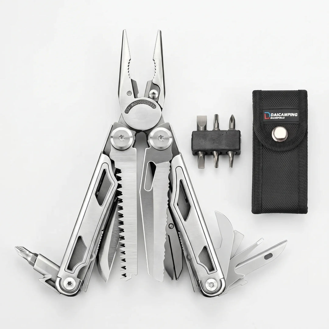 Essential survival multi-tool: sturdy pliers, diverse screwdriver bits, & blade for emergency repairs.