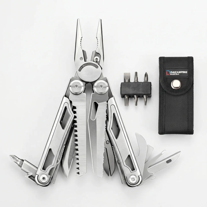 Essential survival multi-tool: sturdy pliers, diverse screwdriver bits, & blade for emergency repairs.