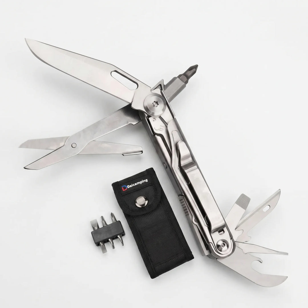 Versatile folding multi-tool with spring-loaded pliers, interchangeable screwdriver bits, & bottle opener.
