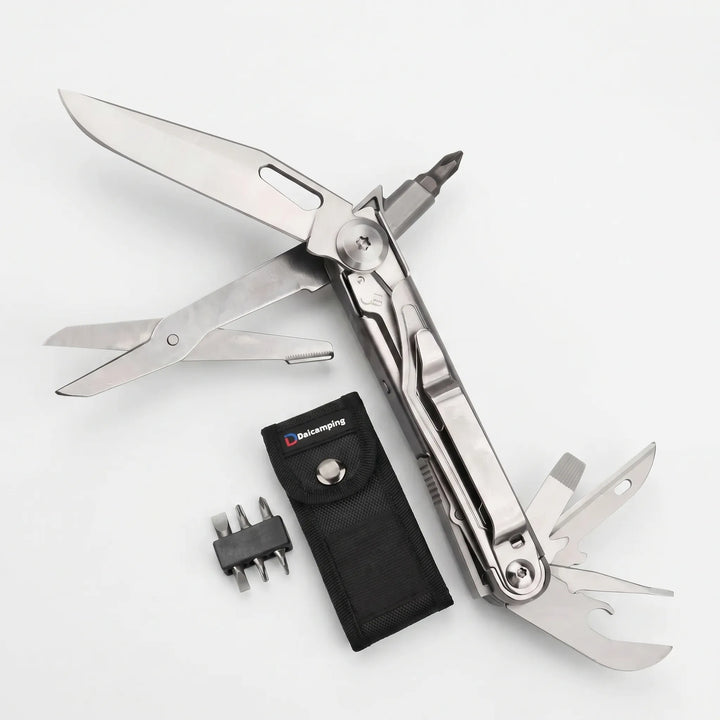 Versatile folding multi-tool with spring-loaded pliers, interchangeable screwdriver bits, & bottle opener.