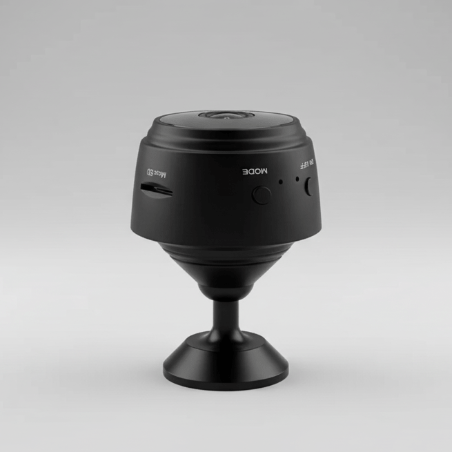 Home security camera, compact HD with night vision for 24/7 surveillance via app.