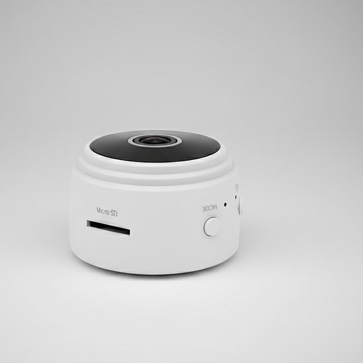 Compact HD security camera with night vision & remote app control, monitoring a room.