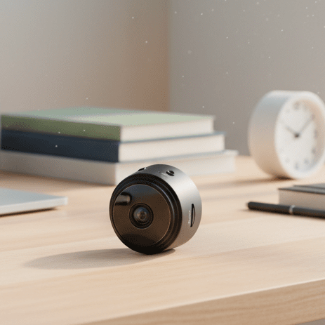 Front view of a compact HD security camera, showcasing night vision sensors & sleek design.
