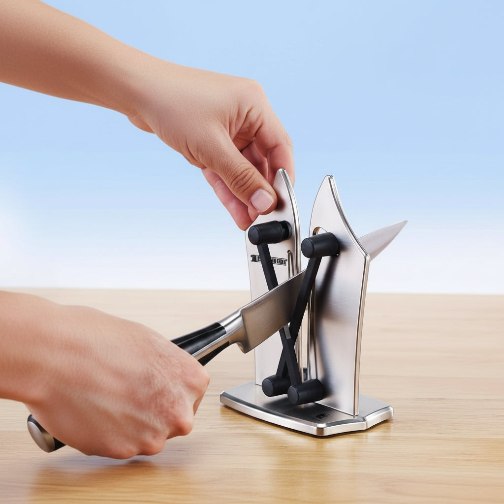 Durable kitchen tool designed to restore sharpness to dull knives, enhancing overall cutting performance.