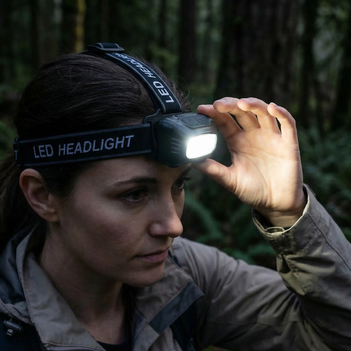 Compact LED headlamp, unisex, hands-free outdoor lighting for camping, hiking & fishing. Rechargeable & portable.