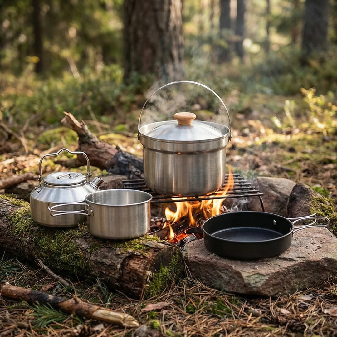 Compact outdoor camping cookware set for travel, perfect for hiking, backpacking, and wilderness cooking adventures.