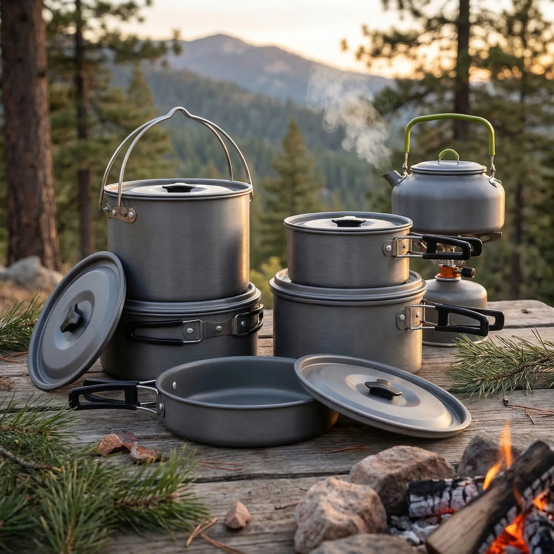 Compact outdoor camping cookware set with nesting pots for backpacking and hiking