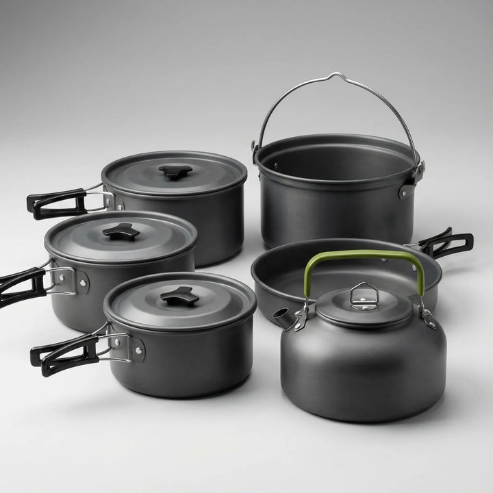 Durable camping cookware set for outdoor cooking, includes pot, pan, and accessories
