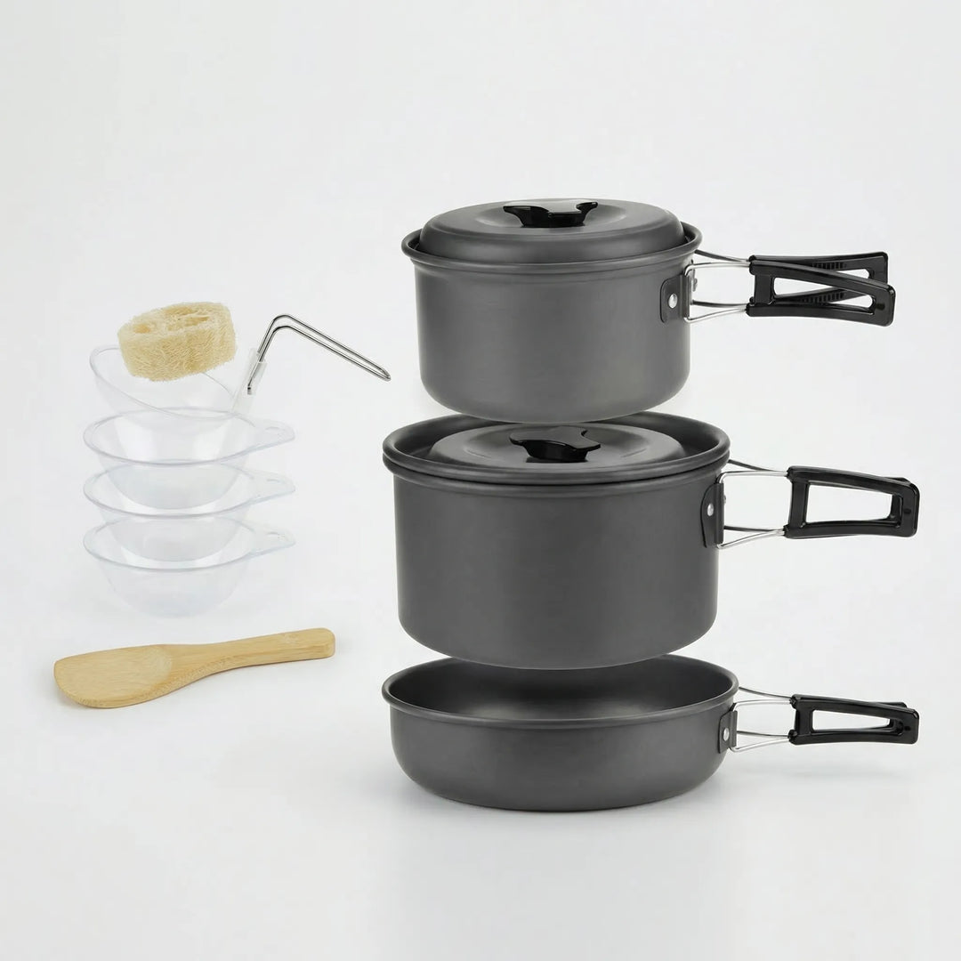 Lightweight backpacking pot and pan set for a compact outdoor kitchen setup