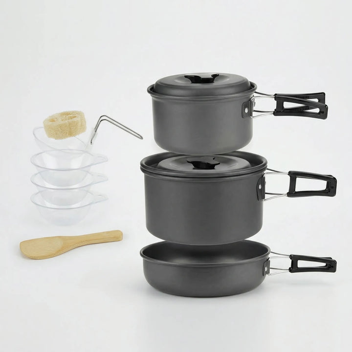 Lightweight backpacking pot and pan set for a compact outdoor kitchen setup