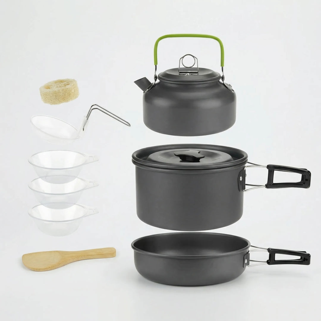 Complete camping stove and cookware set, perfect for outdoor adventures