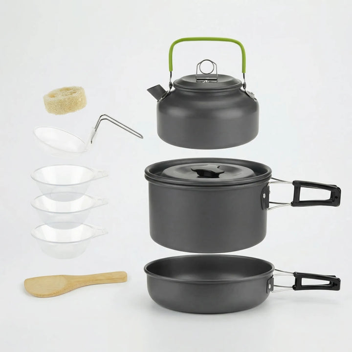 Complete camping stove and cookware set, perfect for outdoor adventures