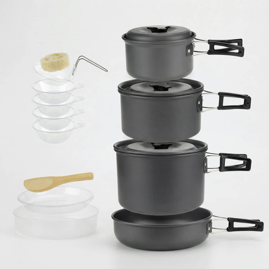 Efficient nesting pots for camping, durable aluminum compact outdoor cookware set