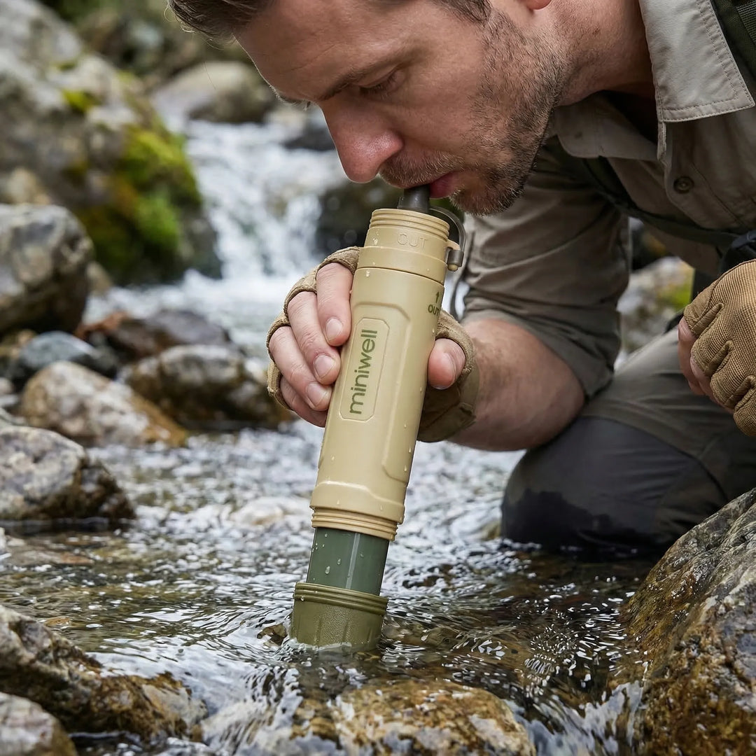 Compact outdoor portable water filter straw for hiking, camping, and survival. Essential gear for safe hydration.