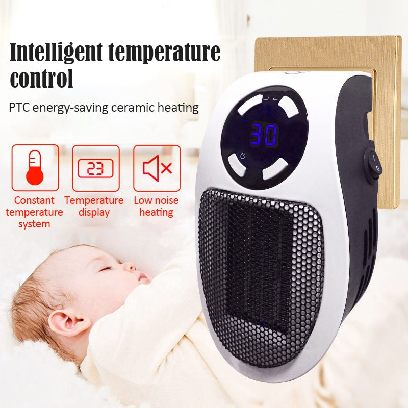 Portable electric space heater, small and energy-efficient for desk or personal use comfort.