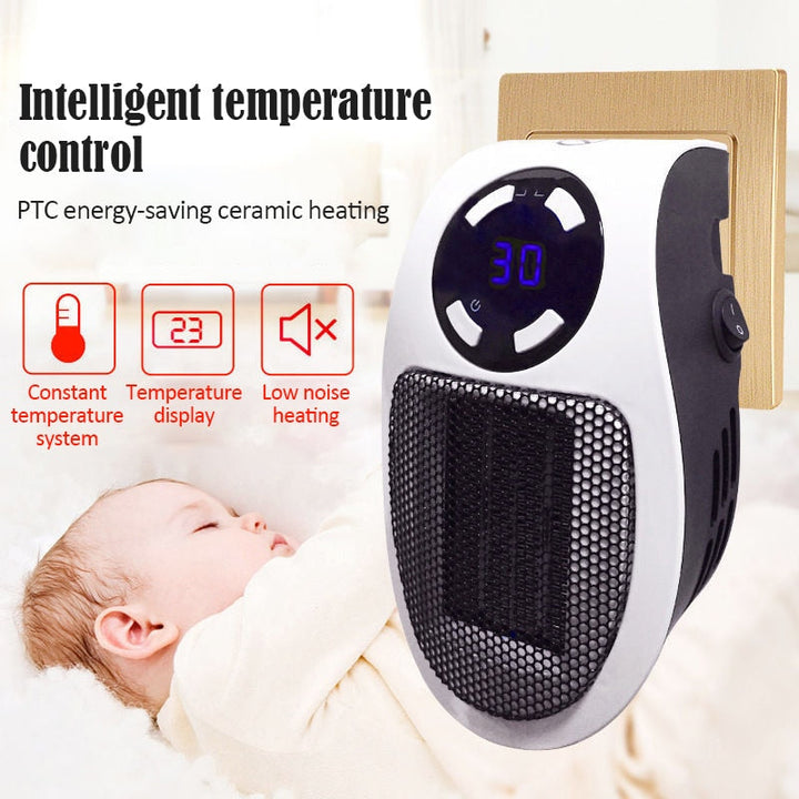 Portable electric space heater, small and energy-efficient for desk or personal use comfort.