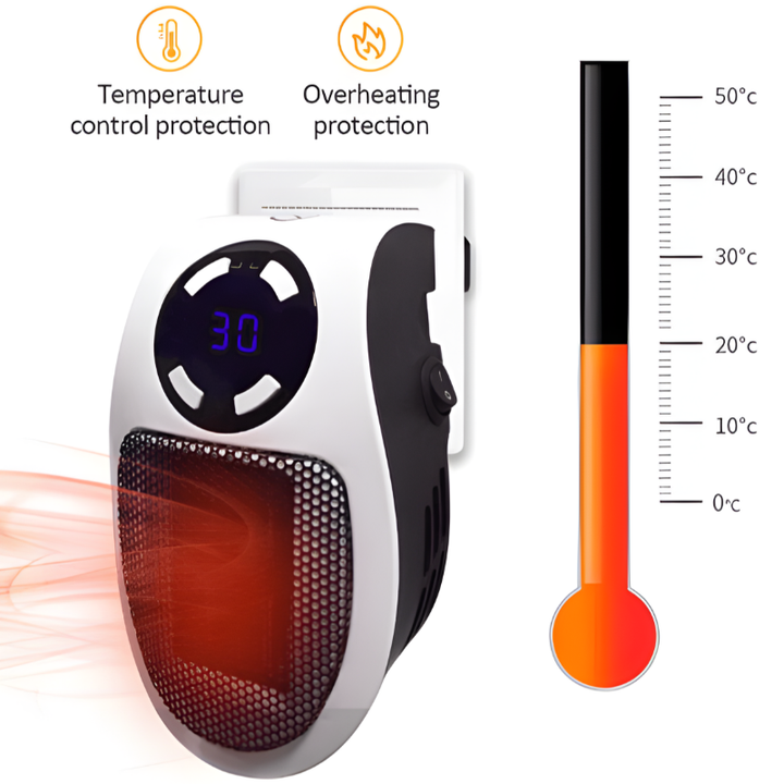 Sleek compact personal electric heater, ideal for small spaces and instant, cozy warmth.