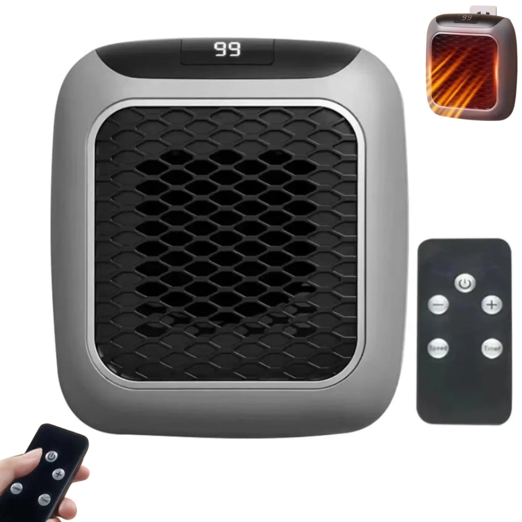 Compact personal wall plug heater with remote control, ideal for small rooms or office.