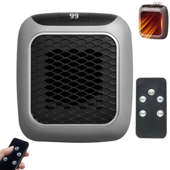 Compact personal wall plug heater with remote control, ideal for small rooms or office.
