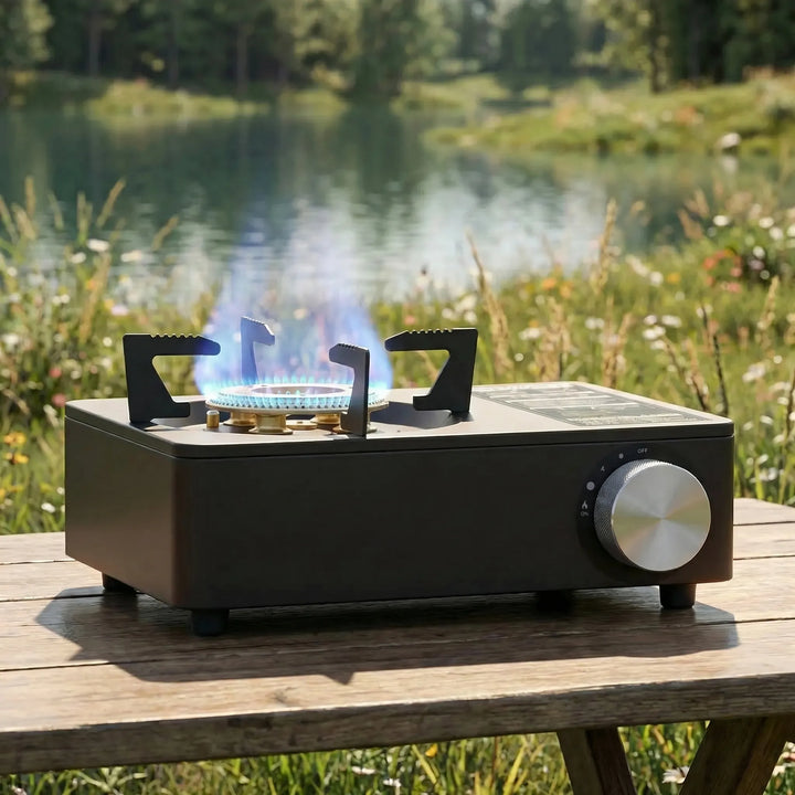 Compact portable butane gas stove for outdoor cooking. Ideal for camping, backpacking, and travel with high output.