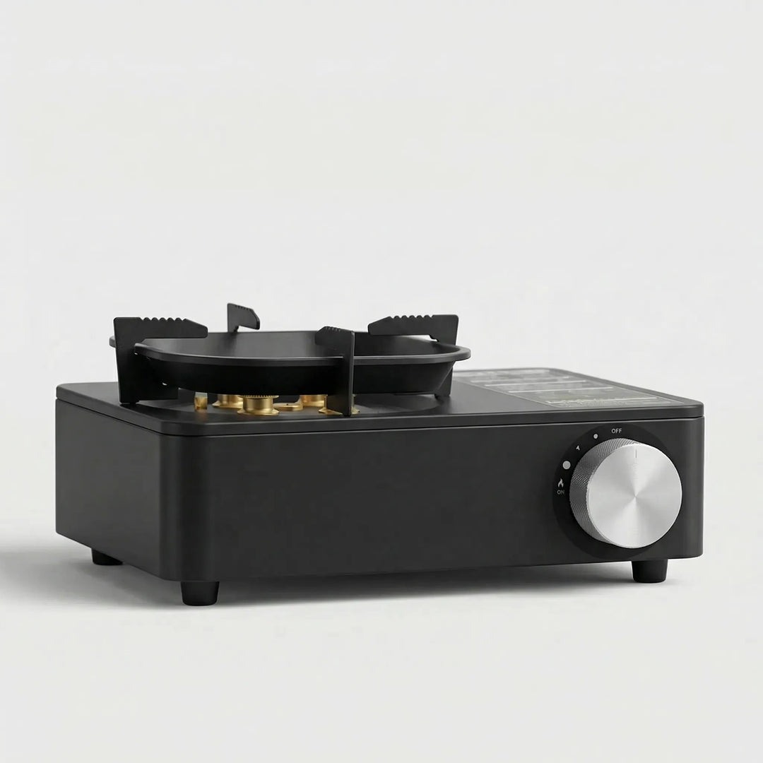 High-output single burner portable butane gas stove. Lightweight and compact design for easy outdoor cooking.