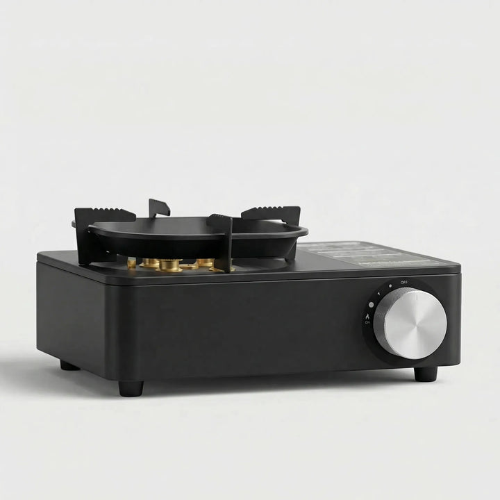 High-output single burner portable butane gas stove. Lightweight and compact design for easy outdoor cooking.