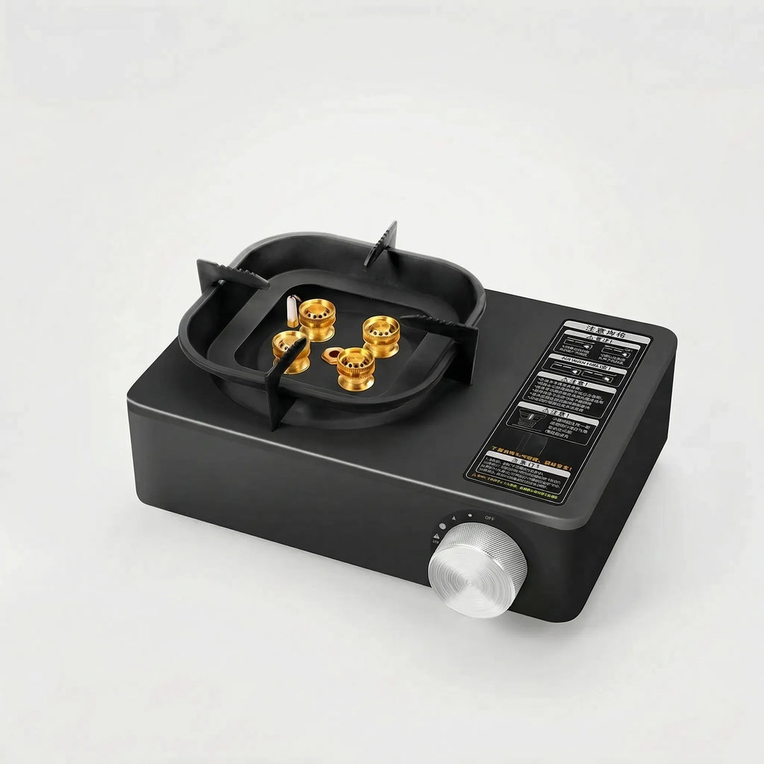 Ultra-portable butane gas stove, a compact single burner for camping and backpacking outdoor cooking adventures.