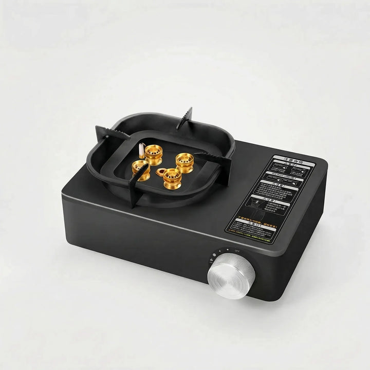 Ultra-portable butane gas stove, a compact single burner for camping and backpacking outdoor cooking adventures.