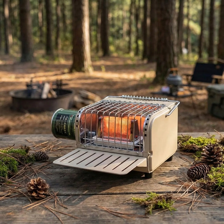 Compact portable cassette gas heater for outdoor camping warmth & fishing trips. Efficient radiant heating.