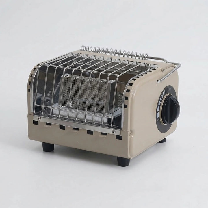 Portable gas camping heater with cassette fuel, perfect compact outdoor heating solution for winter adventures.