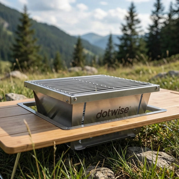 Compact, portable folding BBQ grill for outdoor camping & picnics. Easy setup charcoal/firewood grilling.